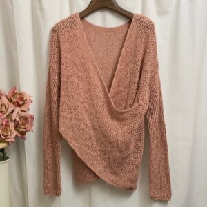 Billabong Pink Open Knit Wrap Front V Neck Long Sleeve Sweater